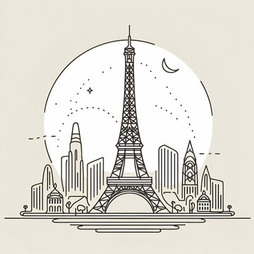 Continuous one line drawing of Paris Eiffel towe. French landmarks and city architecture in simple linear style. Editable stroke. Doodle outline vector illustration