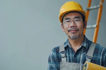 Asian Smiling painter holding a paint roller and backdrop has an aluminum ladder, Portrait of happy mature man looking at camera - obrazy, fototapety, plakaty