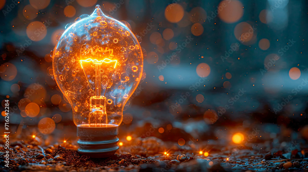 Poster conceptual image with lightbulb with moving gears as a symbol of an idea on dark background