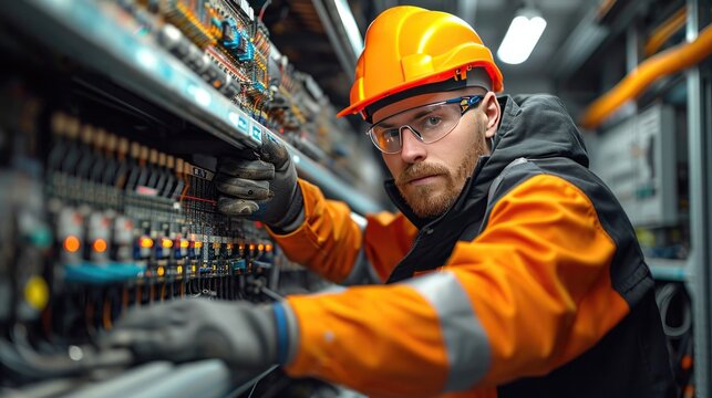 Portrait of a man in a helmet and work clothes standing in a power supply station, repair and adjustment by an electrician of an electrical panel
