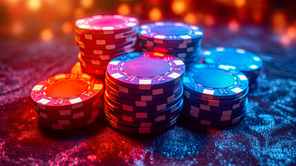 Casino chips on the table with bokeh lights background