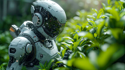Toy robot in the botanical garden, concept of robotic farmers and automatic growing of food vegetables - obrazy, fototapety, plakaty