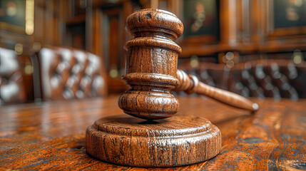 Wooden gavel on the table in a courtroom or law enforcement office - obrazy, fototapety, plakaty