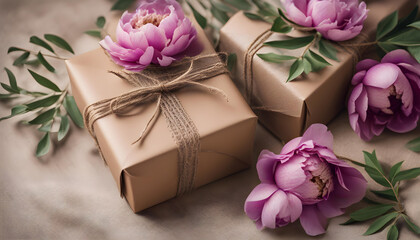 Pretty gift box wrapped with simple brown decorated with jute bow and branch of purple peony flower
