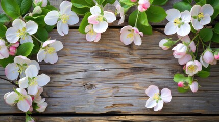 Apple blossoms on rustic wooden background. Top view with copy space
