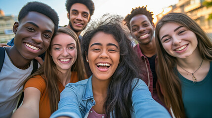 diverse multicultural group young adults taking a selfie, smiling happy friends youth outdoors - obrazy, fototapety, plakaty