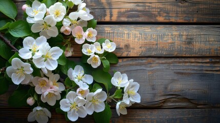 Apple blossoms on wooden background. Spring flowers. Top view.