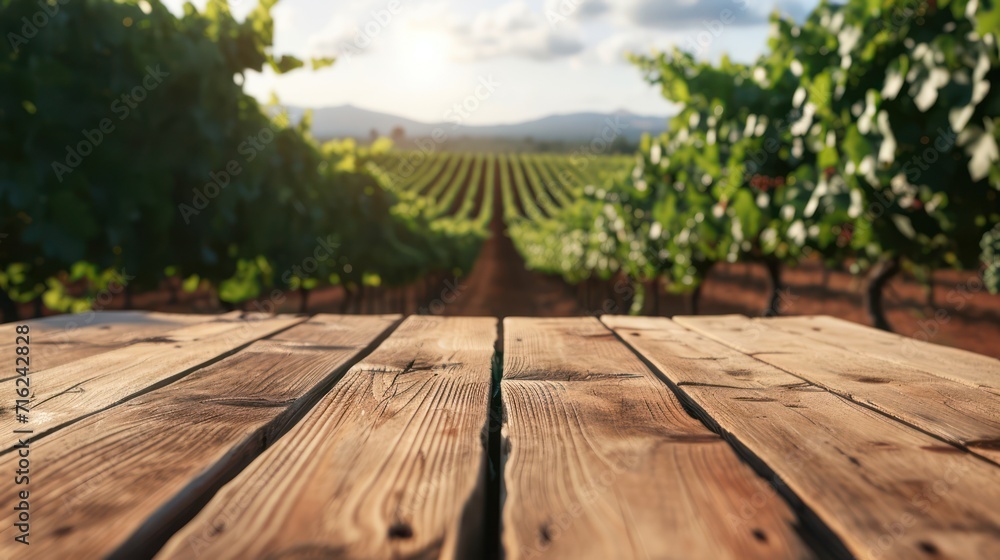 Wall mural Wooden table and wine grapes growing on terrace of vineyard