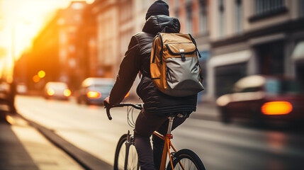 Back view of a young man riding bicycle in the city at sunset