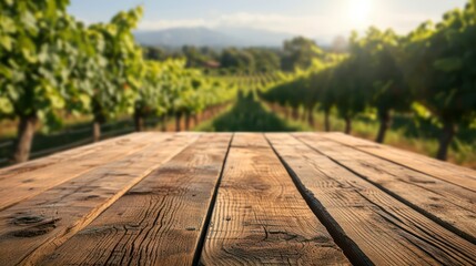 Wooden table with vineyard background