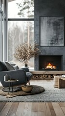 Grey chair by fireplace against a window. Modern living room with Scandinavian interior design.