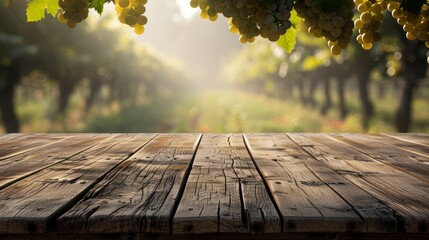 Wooden table for product display montages with vineyard in background
