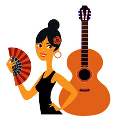 spanish girl with red fan and guitar isolated on white background - 716243038