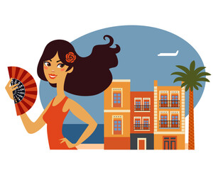 spanish girl with mediteranean town vector illustration. - 716243047