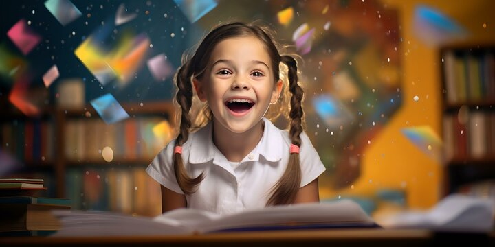 Young girl delighted by imaginative story, surrounded by magical glow of floating books. a vision of joy and wonder. AI