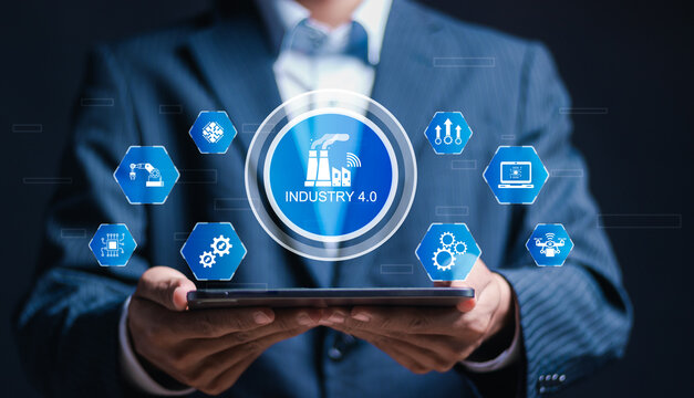 Industry 4.0 Cloud computing concept, Businessman with virtual screen of physical system, IOT internet of things, cognitive computing industry.