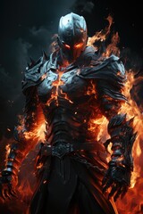 Epic shot, knight in flames standing on a black background, in the style of game wallpaper, chromepunk, hdr, ultra realistic, light cyan and red, epic composition, epic pose, vibrant colors, ult