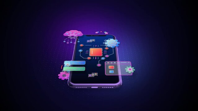 Colorful animation of a smartphone and applications.