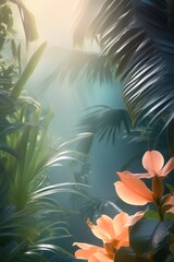 Tropical leaves and colorful flowers background