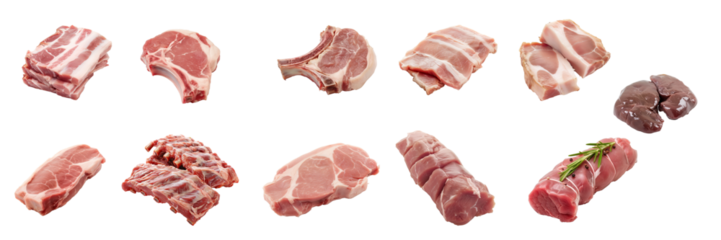 Collection of raw pork parts of meat: Pork Belly, Pork Chop, Pork Jowl, Pork Loin, Pork Tenderloin ,Pork liver , Pork Ribs, Pork Sirloin isolated on transparent background