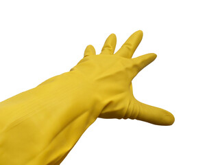 Person hand wearing yellow rubber glove, reaching spreading fingers, cut out isolated