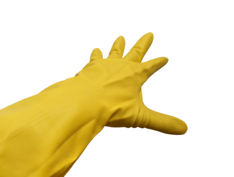 Person hand wearing yellow rubber glove, reaching spreading fingers, cut out isolated
