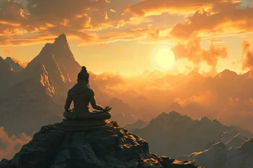 Tuinposter Statue of head of indian hindu Lord Shiva hand holding Trident sitting on mountaint in sunset sunrise time. God Shiva epic pose with trishula, magic in hand for print, poster. Hindu religious art © Valeriia