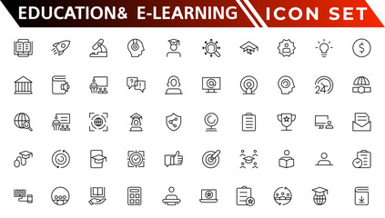 Education and E-Learning web icons in line style. School, university, textbook, learning. Vector illustration - obrazy, fototapety, plakaty