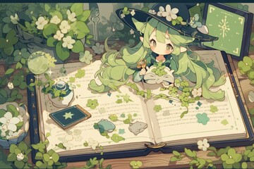 green aesthetic book, cute animal, and green aesthetic background in pixel art style. 