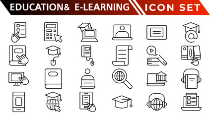 Education and E-Learning web icons in line style. School, university, textbook, learning. Vector illustration