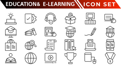 Education and E-Learning web icons in line style. School, university, textbook, learning. Vector illustration