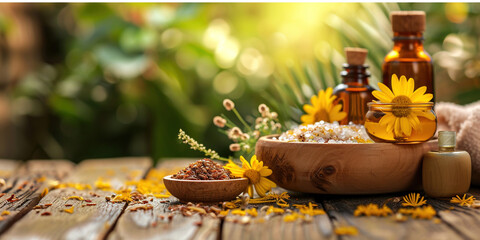 Ayurvedic spa and relax with natural aromatherapy treatment in a room for luxury or wellness surrounded by nature. Health and ayurveda massage, skincare, spa or relaxation concept.