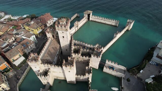 Aerial video footage of the castle of Sirmione Brescia Italy