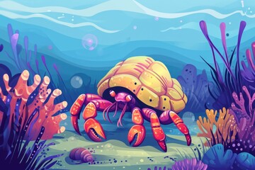 Fototapeta na wymiar hermit crab with beautiful underwater world. Vector illustration cartoon style