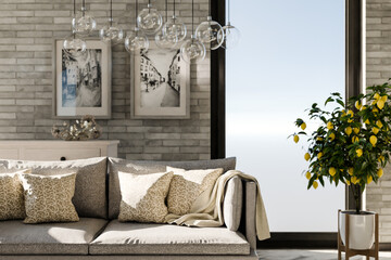 frontal view on cozy couch living room interior design; minimalist decor and paintings on the wall; panoramic view on big city skyline; 3D rendering
