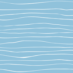 Seamless pattern of horizontal white lines on a blue background, reminiscent of a wave. The blue stripes are reminiscent of sea surf. Summer fabric pattern. Flat vector illustration.