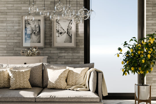 Fototapeta frontal view on cozy couch living room interior design  minimalist decor and paintings on the wall  panoramic view on big city skyline  3D rendering