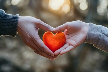 two people&rsquo;s hands gently holding a red heart together
