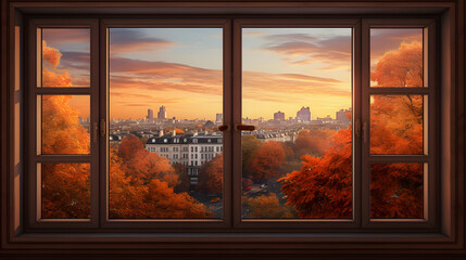 A beautiful view of the autumn city from the window