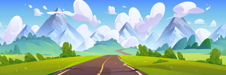 Empty road among field and meadow with green grass and trees, mountains and blue sky with clouds. Cartoon summer vector scenery of highway lead to rocky hills. Countryside landscape with path.