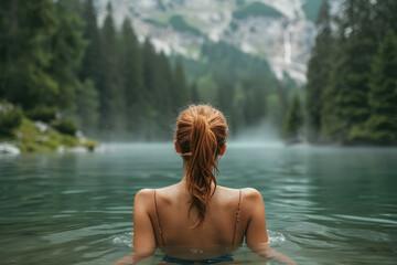 Close-up of a woman practicing wild swimming in a mountain lake, relaxing in nature.