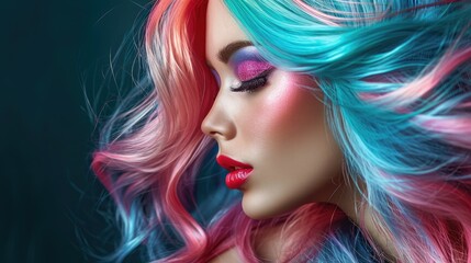 Fototapeta premium Beautiful woman with multi-colored hair and creative make up and hairstyle. Beauty face.