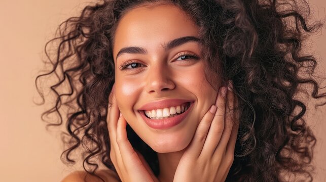 Beautiful smiling woman holding hands near face. Beauty girl with curly hair . Presenting your product. Expressive facial expressions . Wavy hairstyle