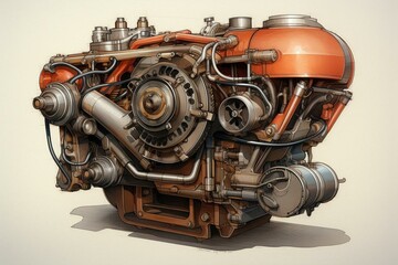 Rendering of a marine engine used for boats and ships. Generative AI