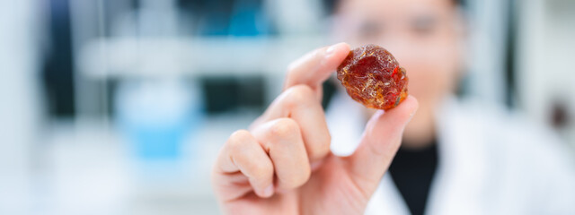 A Smart female geologist or archaeologist is holding a sample of tree sap or mineral in...