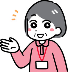 片手をあげて笑顔で案内する介護スタッフのシニア女性(上半身・ポロシャツ)