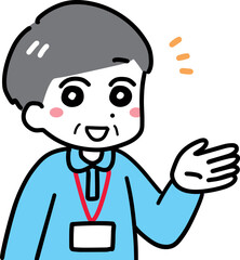 片手をあげて笑顔で案内する介護スタッフのシニア男性(上半身・ポロシャツ)