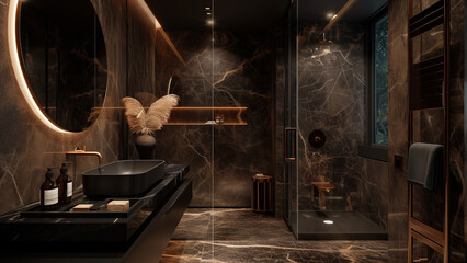 Organic Opulence: A Terracotta and Porcelain Bathroom with a Golden Glow