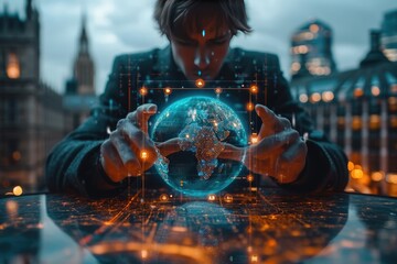 Intelligence (BI) and business analytics (BA) with key performance indicators (KPI) dashboard in VR globe form concept.Double exposure of success businessman using digital tablet with london building  - obrazy, fototapety, plakaty