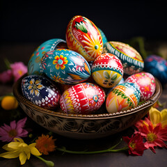 Fototapeta na wymiar Easter colorful eggs, on plate